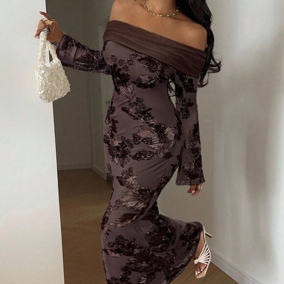 Coffee Brown Elegant Women's Floral Embroidery Off-Shoulder Maxi Dress - Picture 4 of 6
